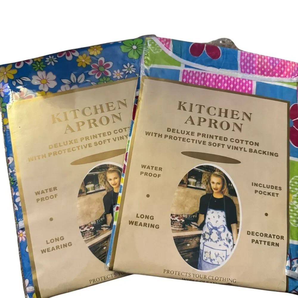 Vtg‎ NOS Kitchen Aprons Set Of 2 Floral 80s 90s 26x33 Cotton With Vinyl Backing